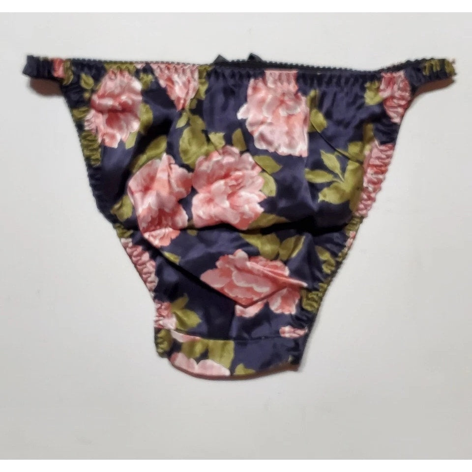 Liquid Satin String Bikini Panty Shiny Double Silk Gusset Floral Print Pink 5/S