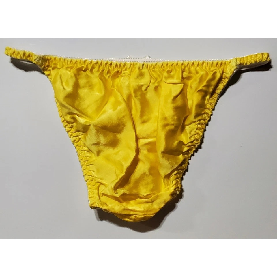Liquid Satin String Bikini Panty Shiny Double Silk Gusset Tuscany Yellow 8/XL