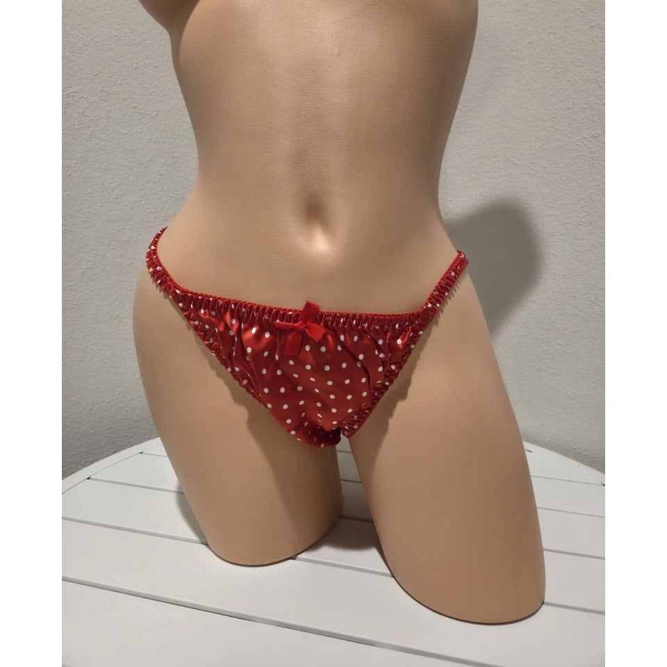 Liquid Satin String Bikini Panty Shiny Double Silk Polka Dot Print Red White