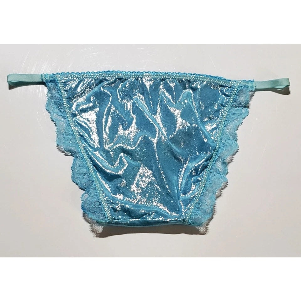 Victoria's Secret Dream Angels String Bikini Panty Shiny Lace Trim Baby Blue 4XS