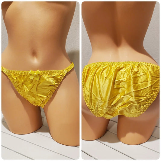 Liquid Satin String Bikini Panty Shiny Double Silk Gusset Sunflower Yellow Star Vintage And More LLC