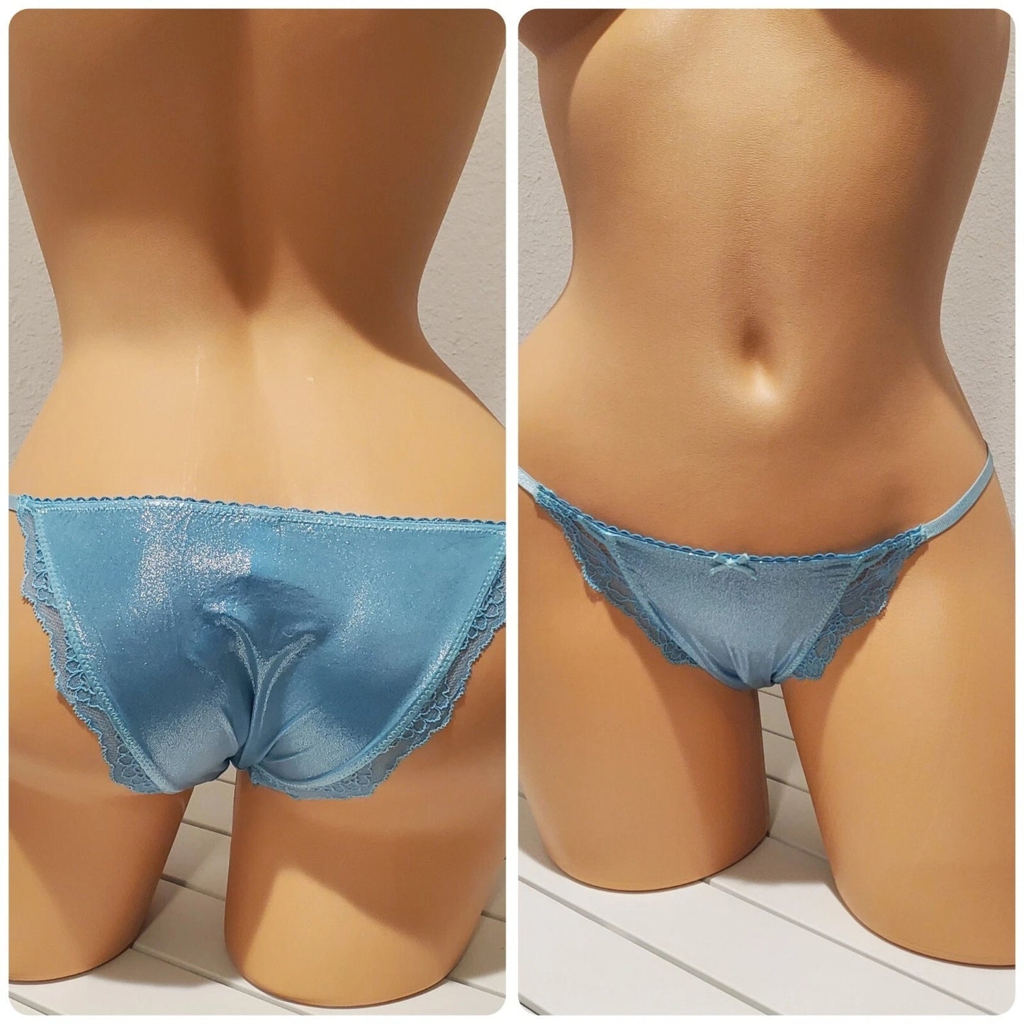 Victoria's Secret Dream Angels String Bikini Panty Shiny Lace Trim Baby Blue 4XS