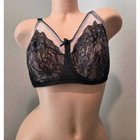 Wacoal Retro Chic 855186 Nylon Lace Full Coverage Unlined Bra Black Silver 36DDD - Star Vintage & More Star Vintage And More LLC
