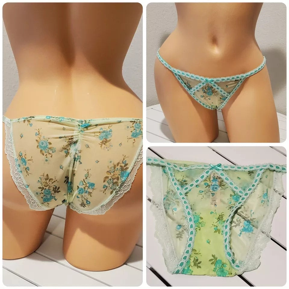 Victoria's Secret Dream Angels Bikini Panty Semi Sheer Floral Print Citron Green