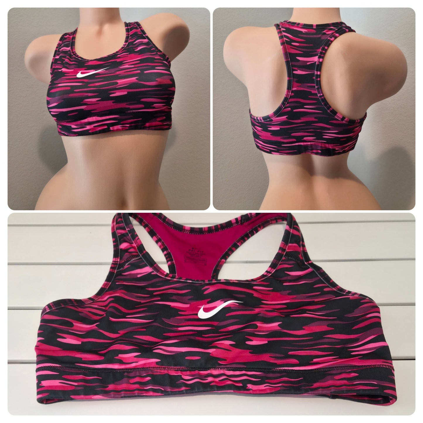 Nike Dri-FIT Polyester Racerback Sports Bra Moisture Wicking Pink Geo Print Sz M