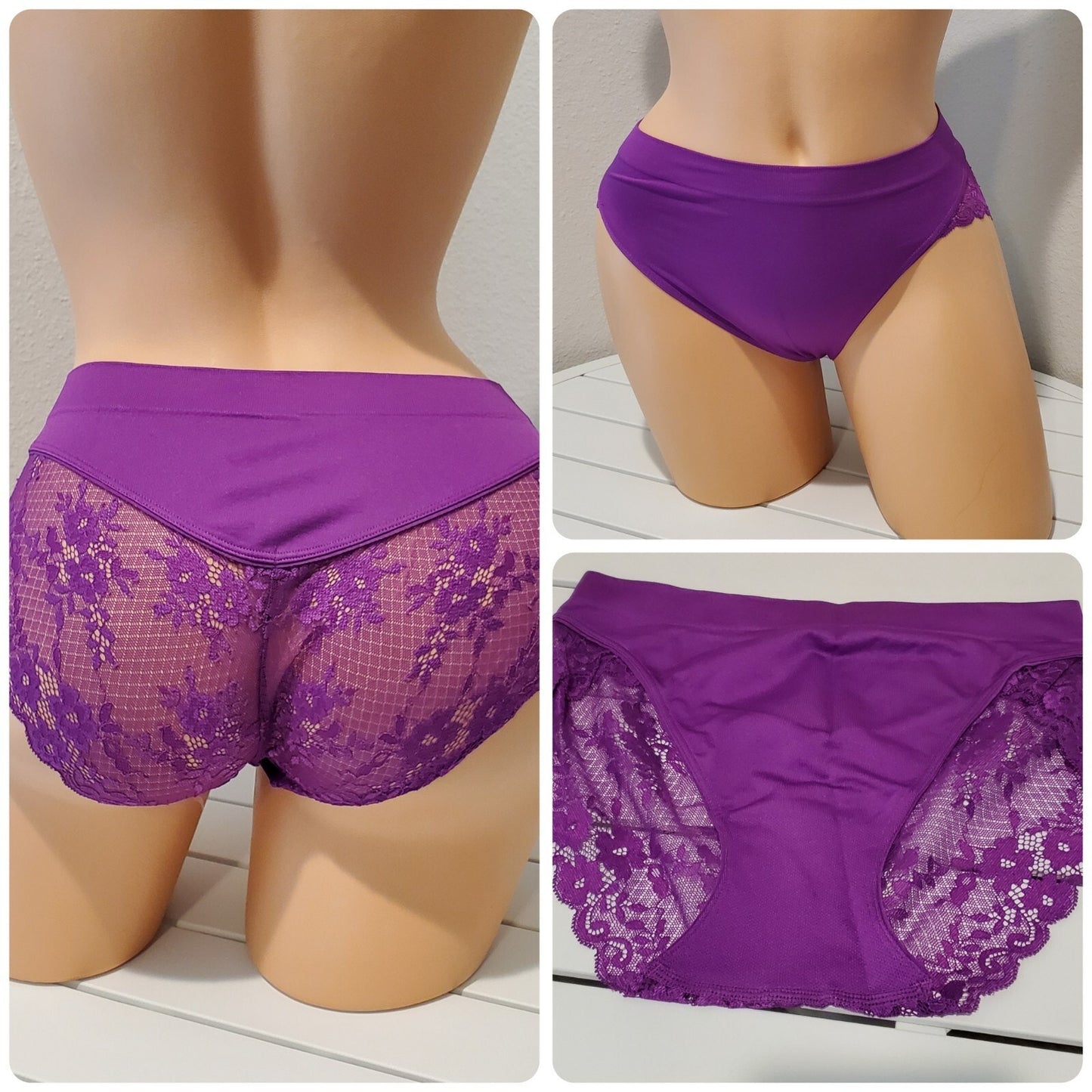 Ambrielle Satin Stretch Bikini Panty All Lace Back Purple 5/S