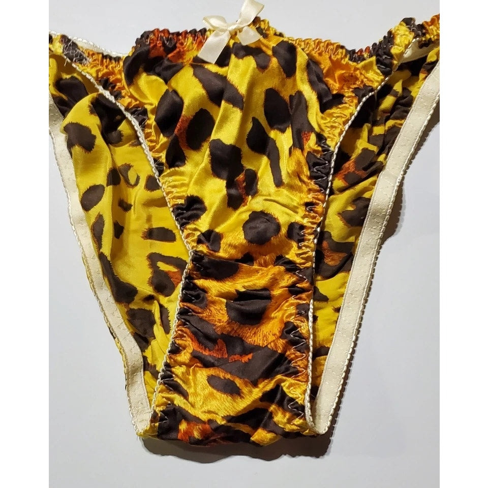 Liquid Satin String Bikini Panty Shiny Double Silk Leopard Print Sunshine Yellow