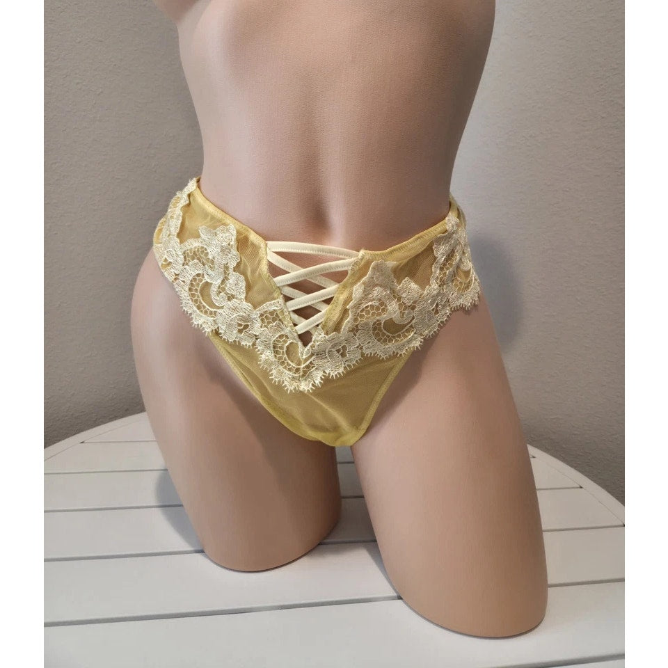 Victoria's Secret Brazilian Panty Floral Lace Embroidered Sheer Sunbeam Yellow 7
