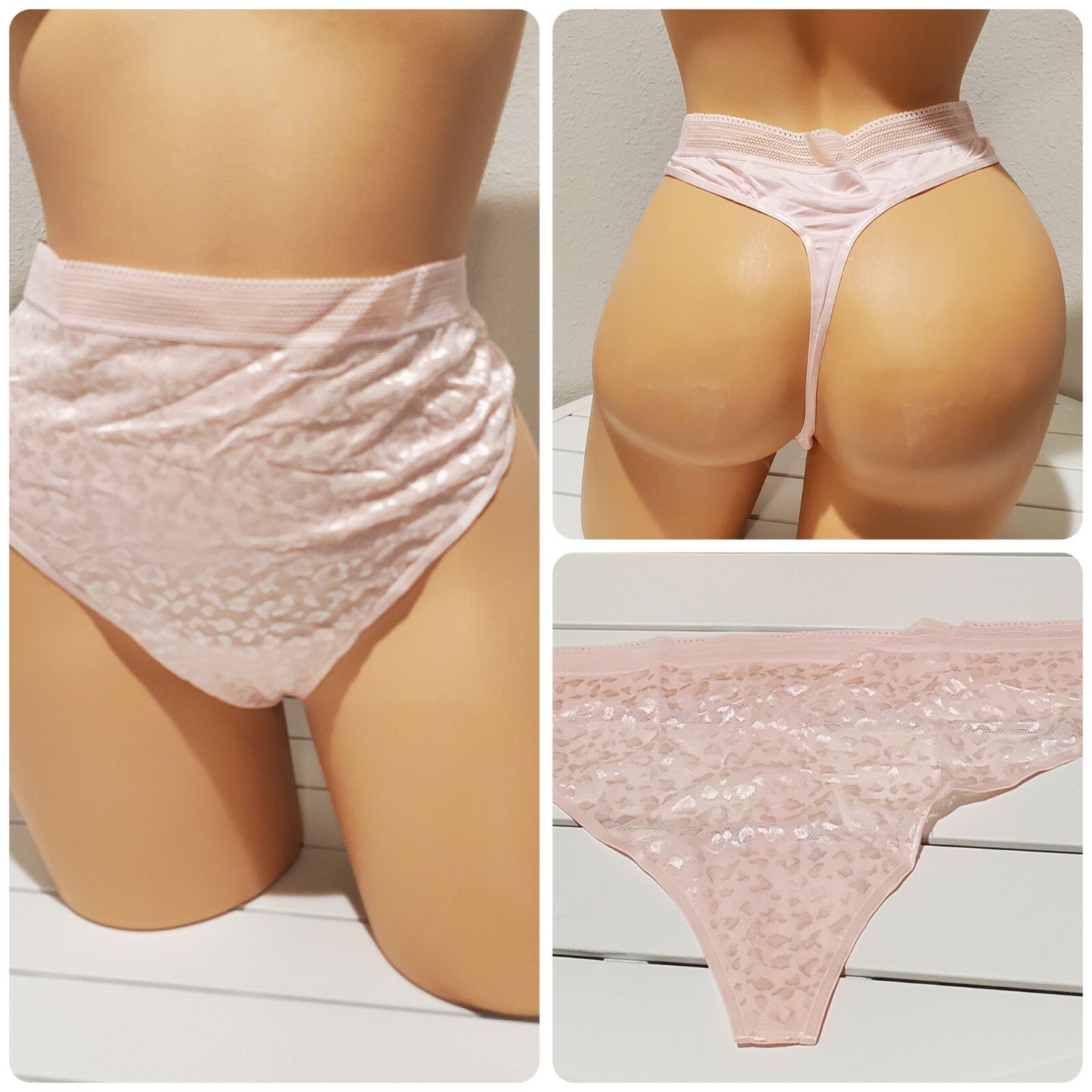 Secret Treasures Satin Stretch Thong Panty Shiny Lace Leopard Print Pink 10/3XL