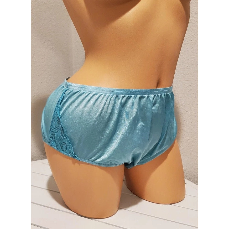 Shadowline 11182 Lace Insets Bikini Panty Shiny Nylon Full Cut Capri Blue 10/3XL