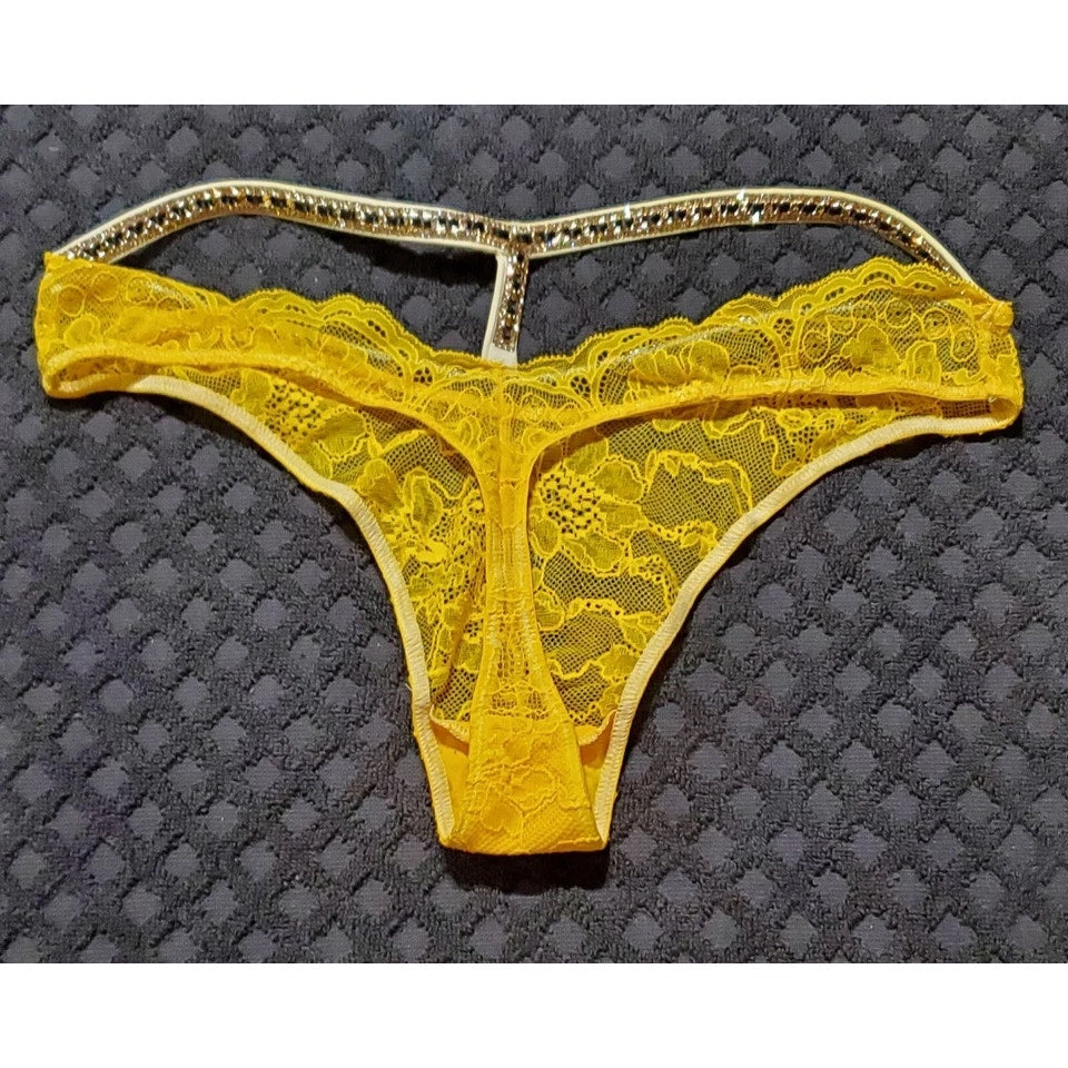 Victoria's Secret Shine Strap Y-Back Thong Panty All Lace Sheer Cyber Yellow 6/M