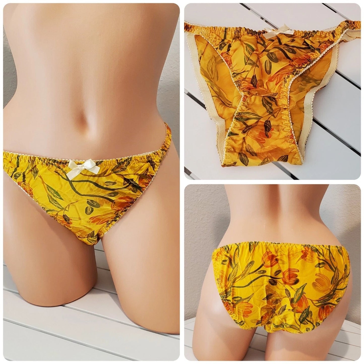 Liquid Satin String Bikini Panty Shiny Double Silk Gusset Floral Print Yellow