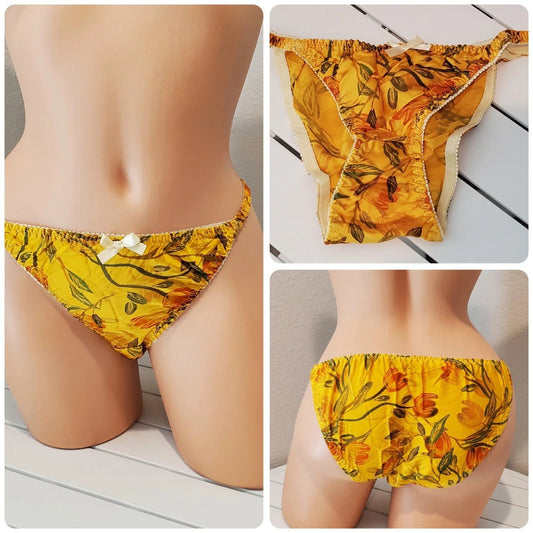 Liquid Satin String Bikini Panty Shiny Double Silk Gusset Floral Print Yellow Star Vintage And More LLC