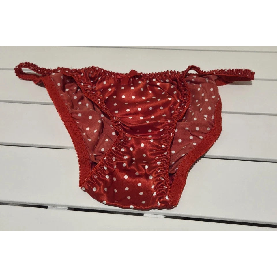 Liquid Satin String Bikini Panty Shiny Double Silk Polka Dot Print Red White