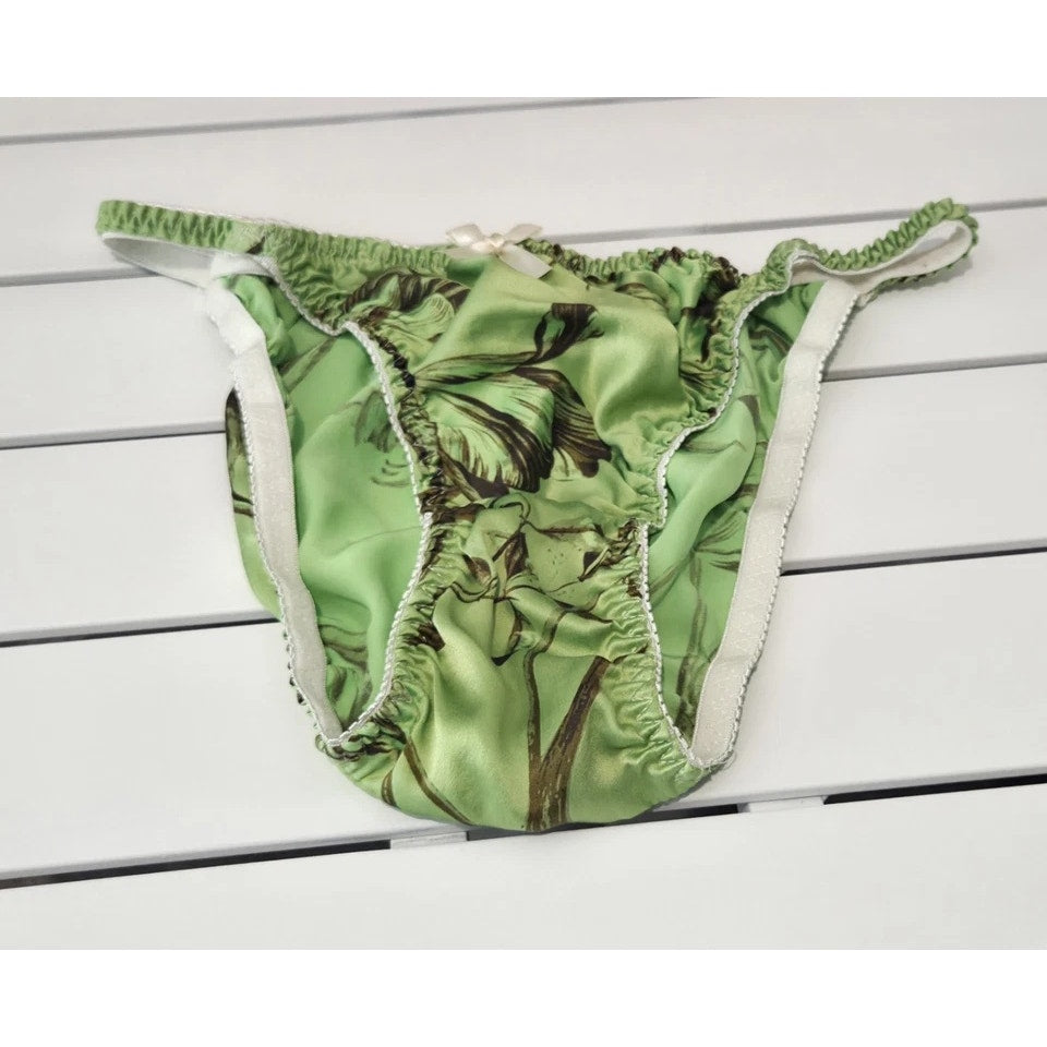 Liquid Satin String Bikini Panty Double Silk Gusset Floral Print Vibe Green