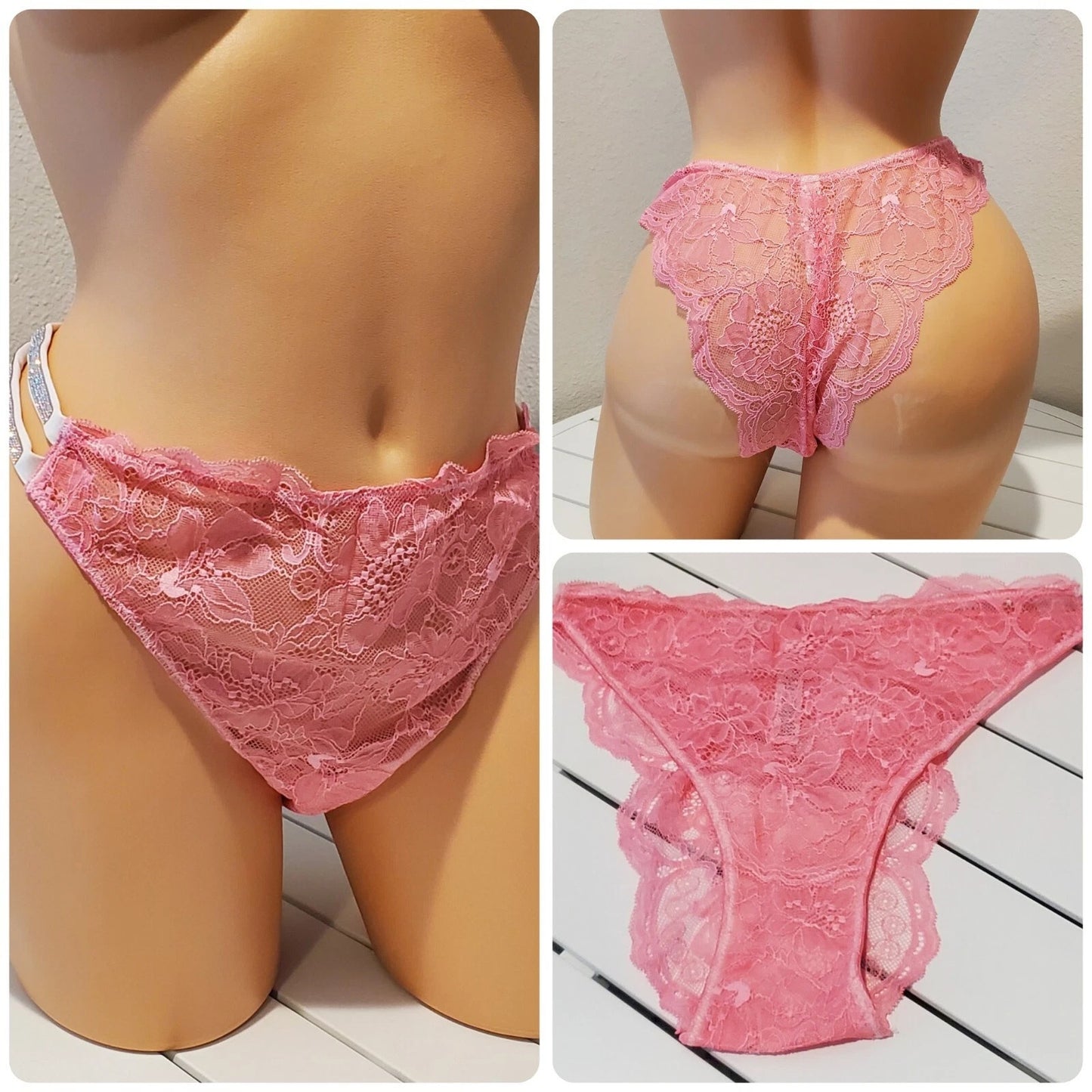 Victoria's Secret Double Shine Strap Brazilian Panty All Lace Princess Pink 9