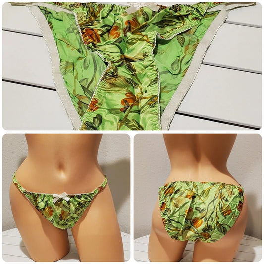 Liquid Satin String Bikini Panty Double Silk Gusset Floral Print Green Apple 7/L Star Vintage And More LLC