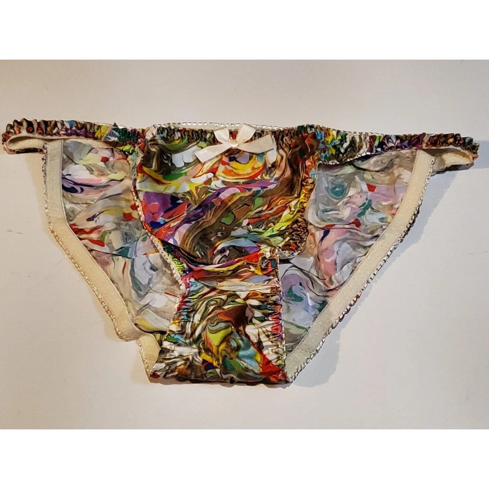 Liquid Satin String Bikini Panty Shiny Double Silk Gusset Rainbow Marble Print