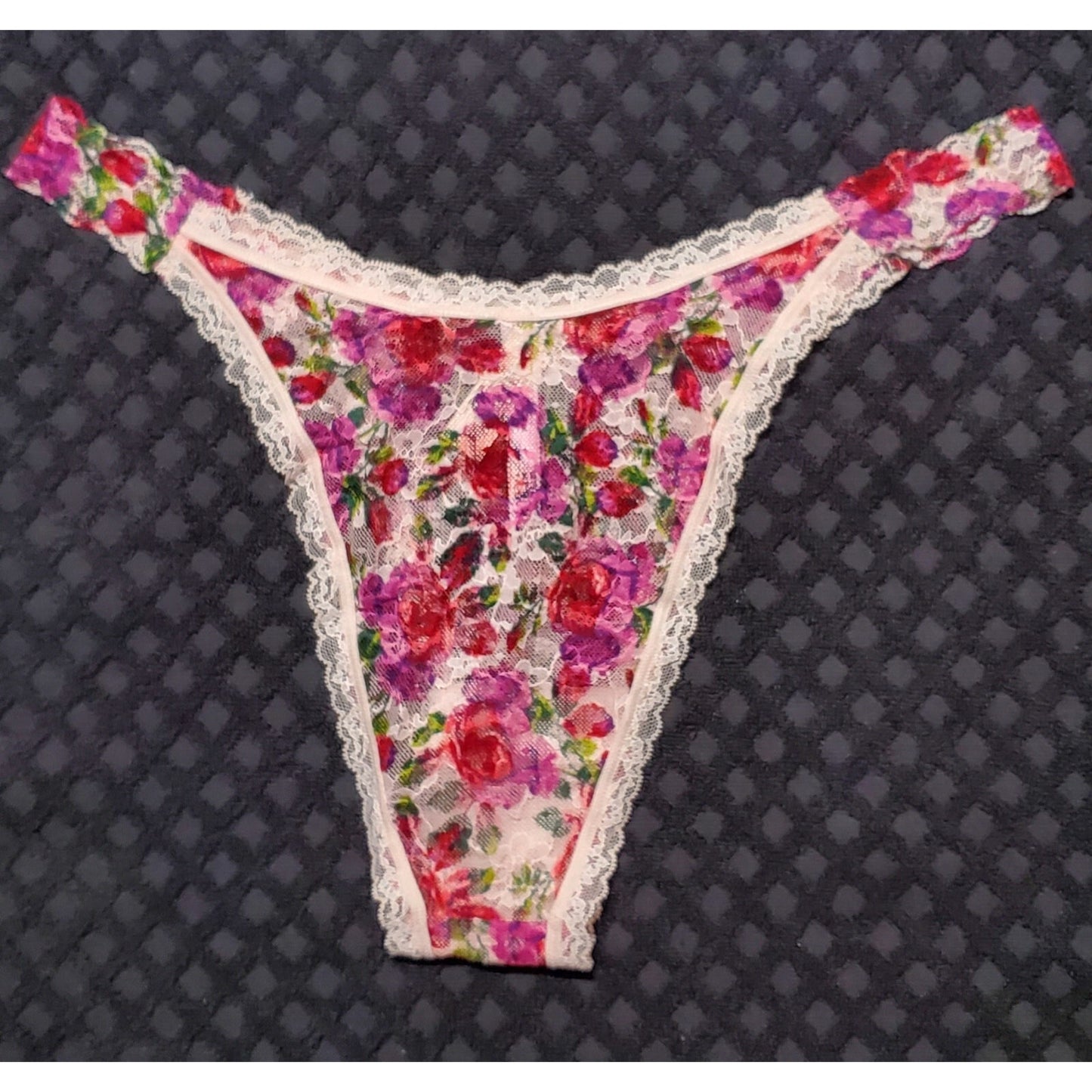 Victoria's Secret All Lace Brazilian Panty Semi Sheer Floral Print Pink 8/XL