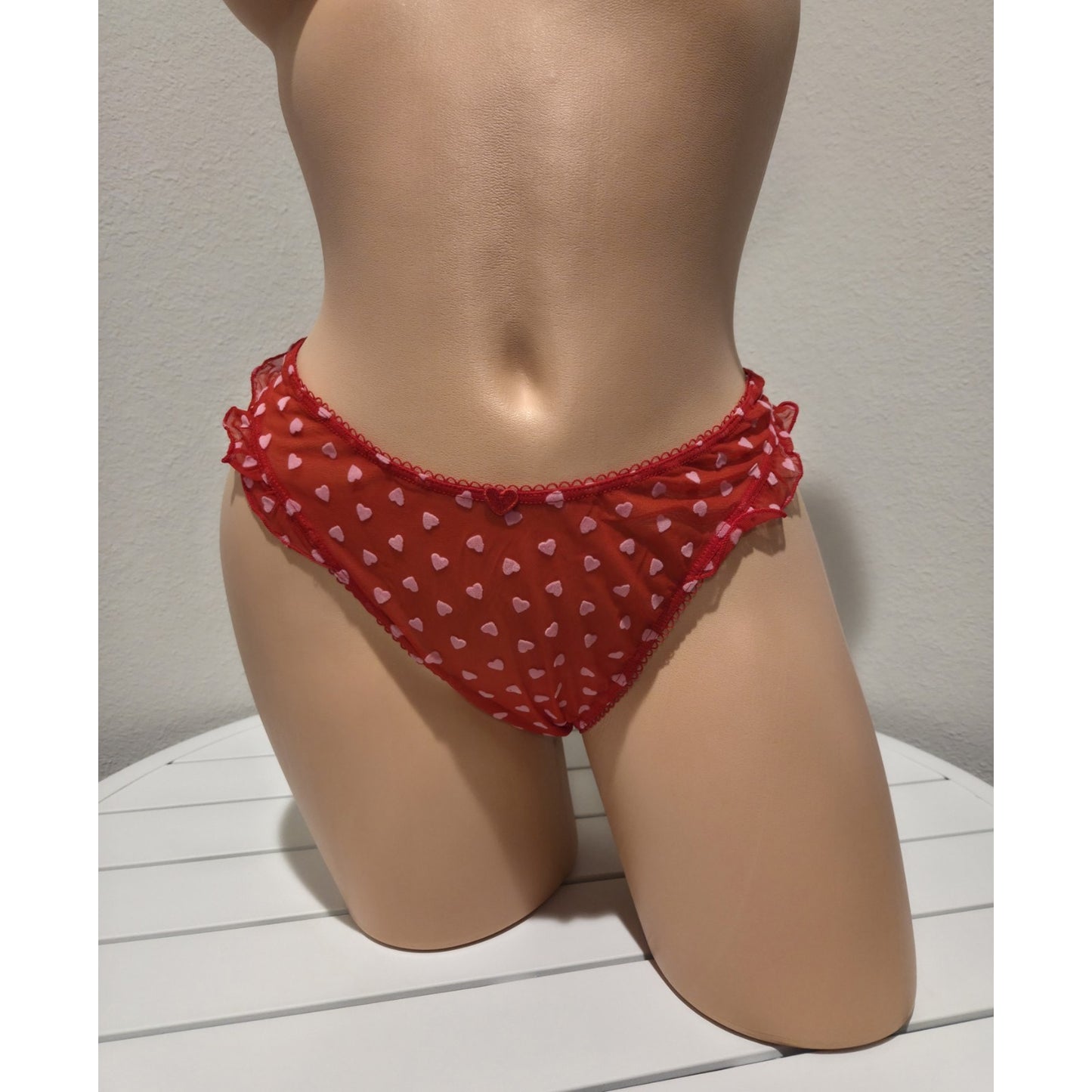 Victoria's Secret Tease Sheer Hi-Leg Thong Panty Ruffle Hearts Print Red 6/M