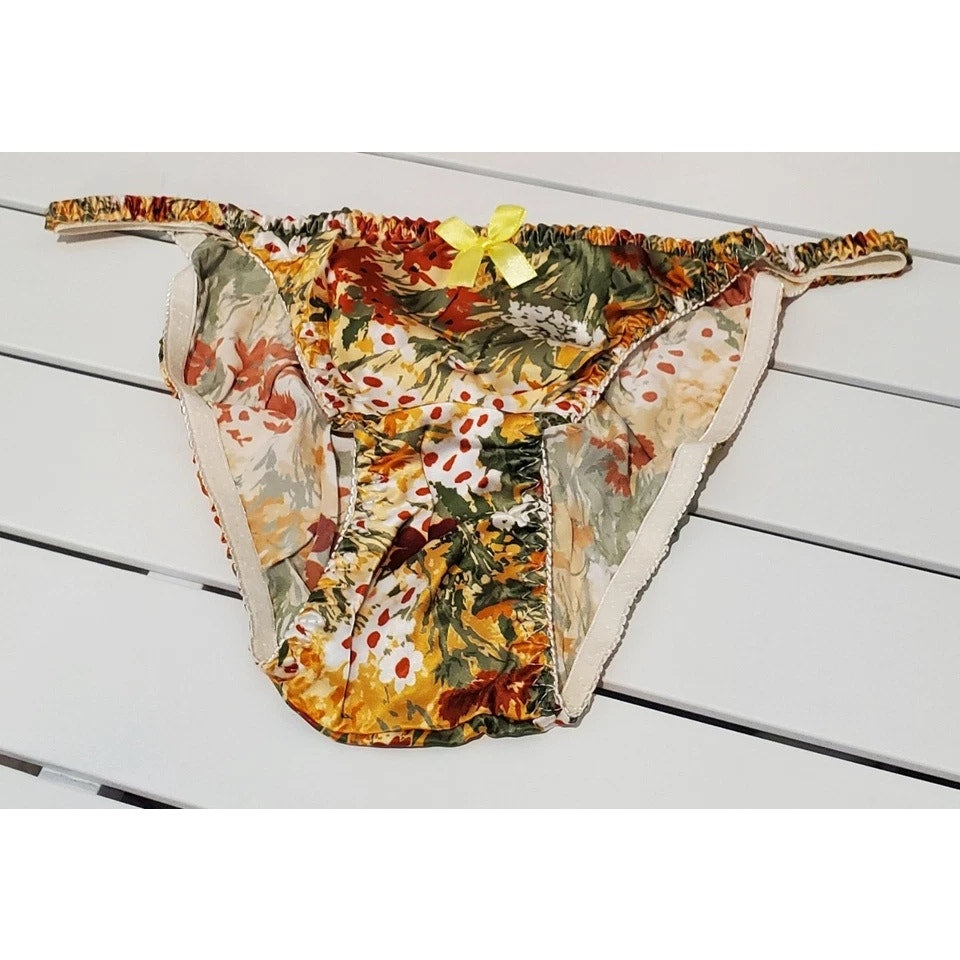 Liquid Satin String Bikini Panty Double Silk Gusset Floral Print Multicolor 7/L