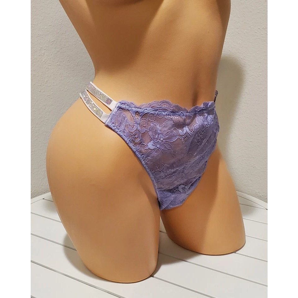 Victoria's Secret Double Shine Strap Brazilian Panty All Lace Purple Freeze 9