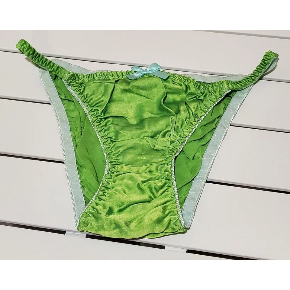 Liquid Satin String Bikini Panty Shiny Double Silk Gusset Apple Green