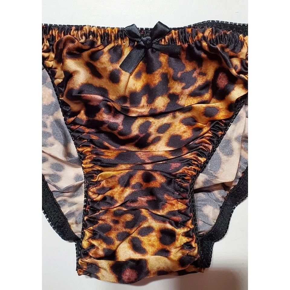 Liquid Satin String Bikini Panty Shiny Double Silk Gusset Hot Leopard Print 5/S