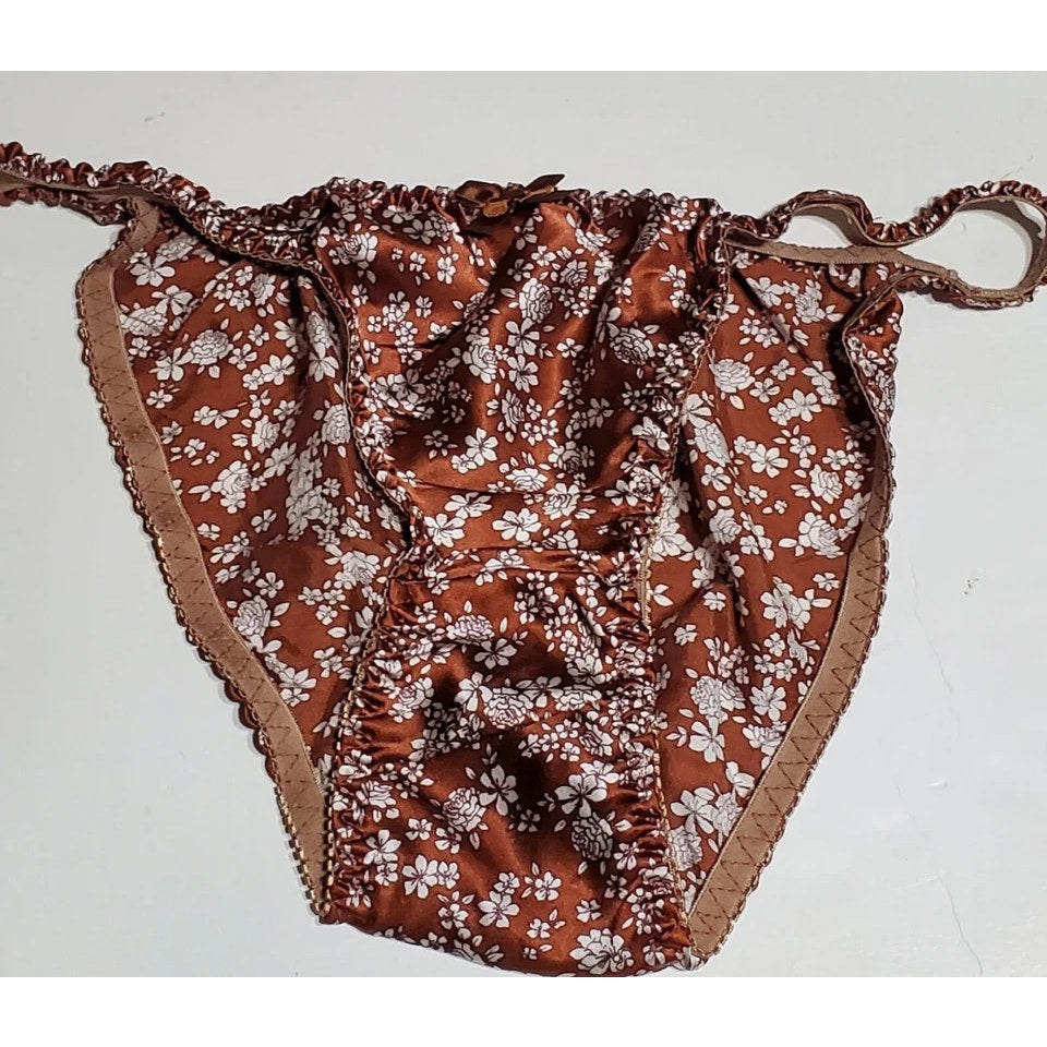 Liquid Satin String Bikini Panty Double Silk Gusset Bronze Little Floral Print 8