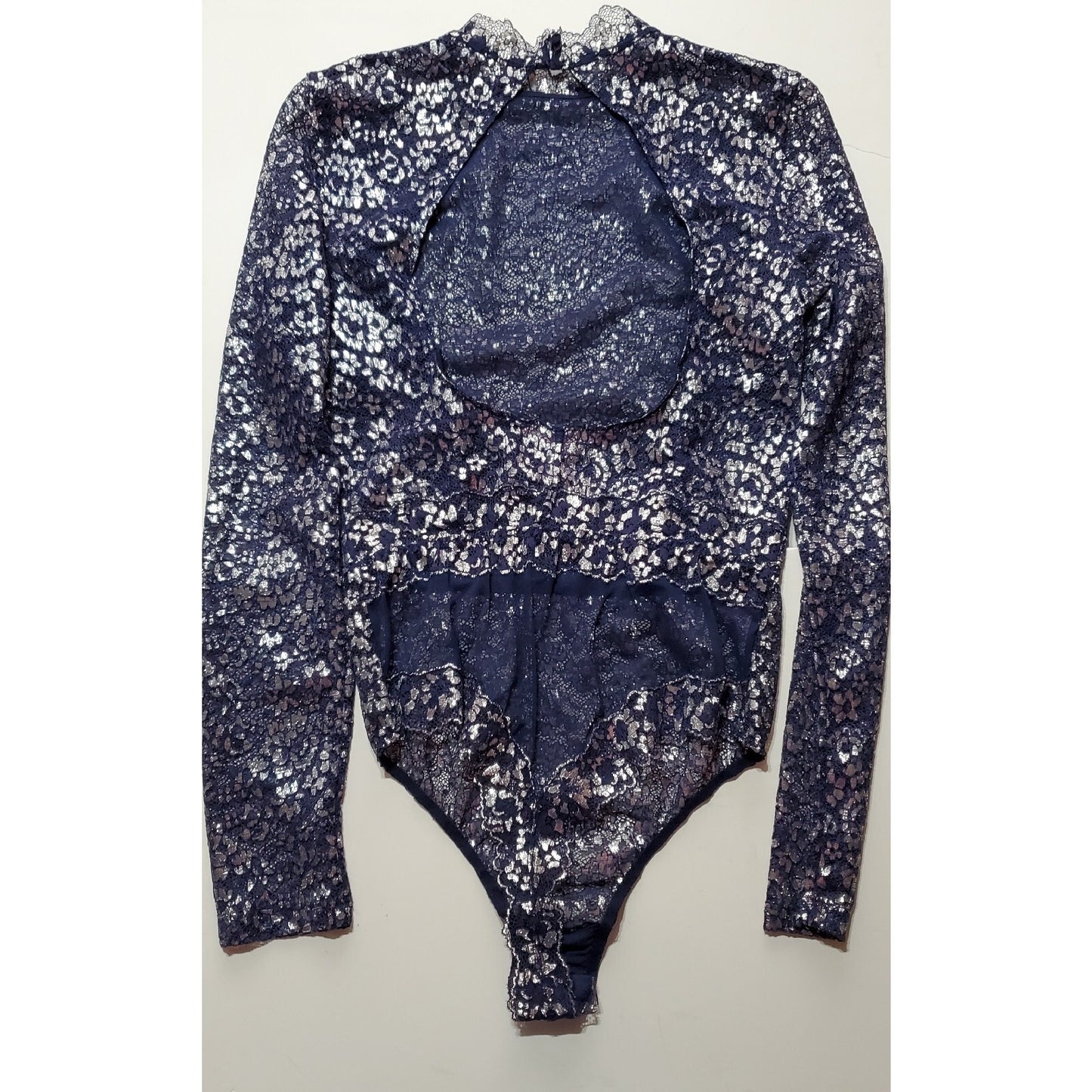 Victoria's Secret Vintage Shiny Teddy Bodysuit Snap Gusset Blue Silver 6/M