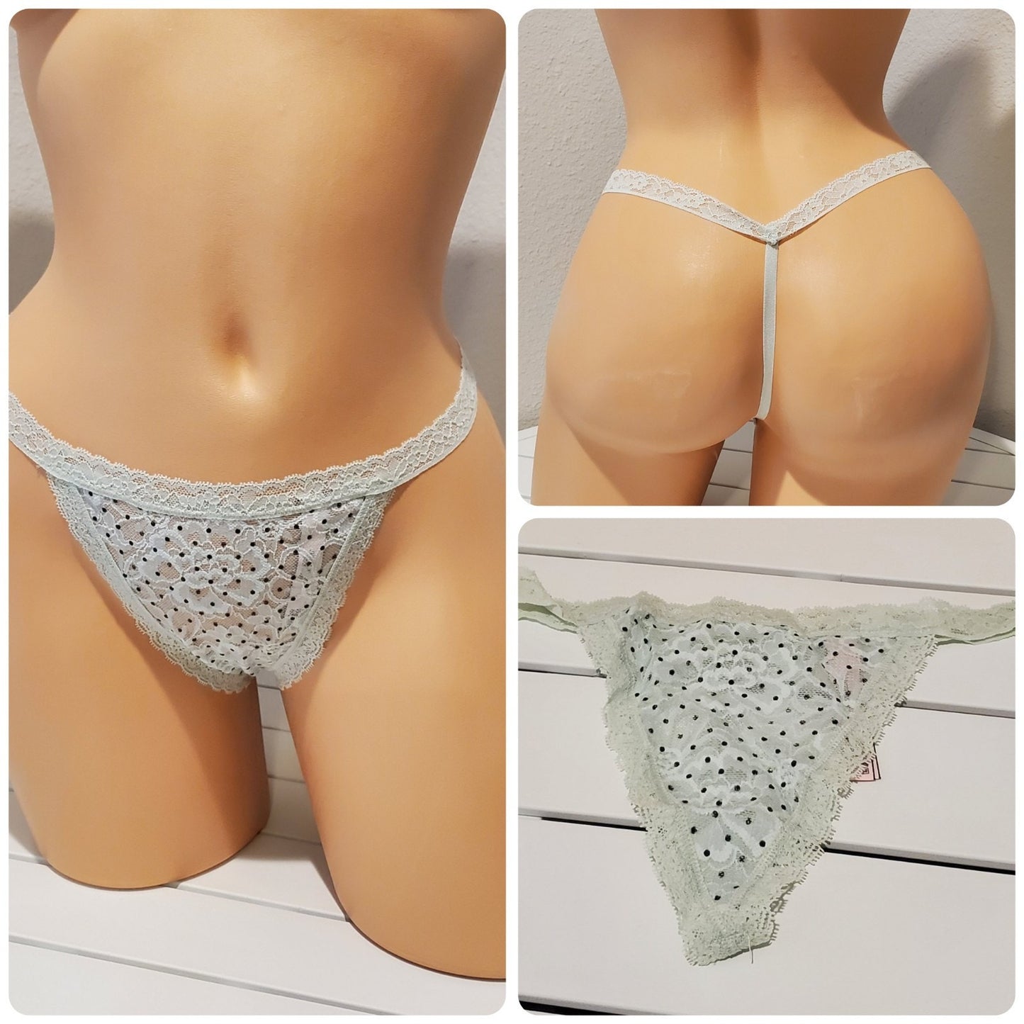 Victoria's Secret Polka Dot Semi Sheer String Thong Panty Mint Green 5/S