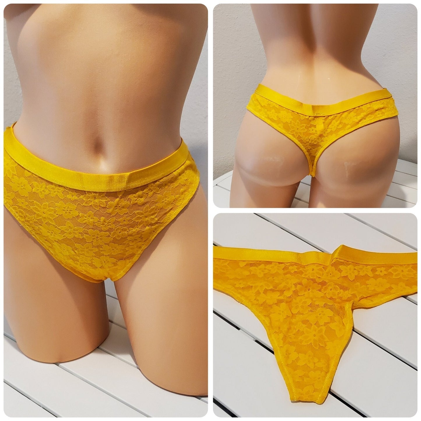 Victoria's Secret PINK Floral Lace Thong Panty Semi Sheer Tulip Yellow 7/L