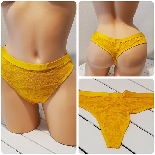 Victoria's Secret PINK Floral Lace Thong Panty Semi Sheer Tulip Yellow 7/L - Star Vintage & More Star Vintage And More LLC