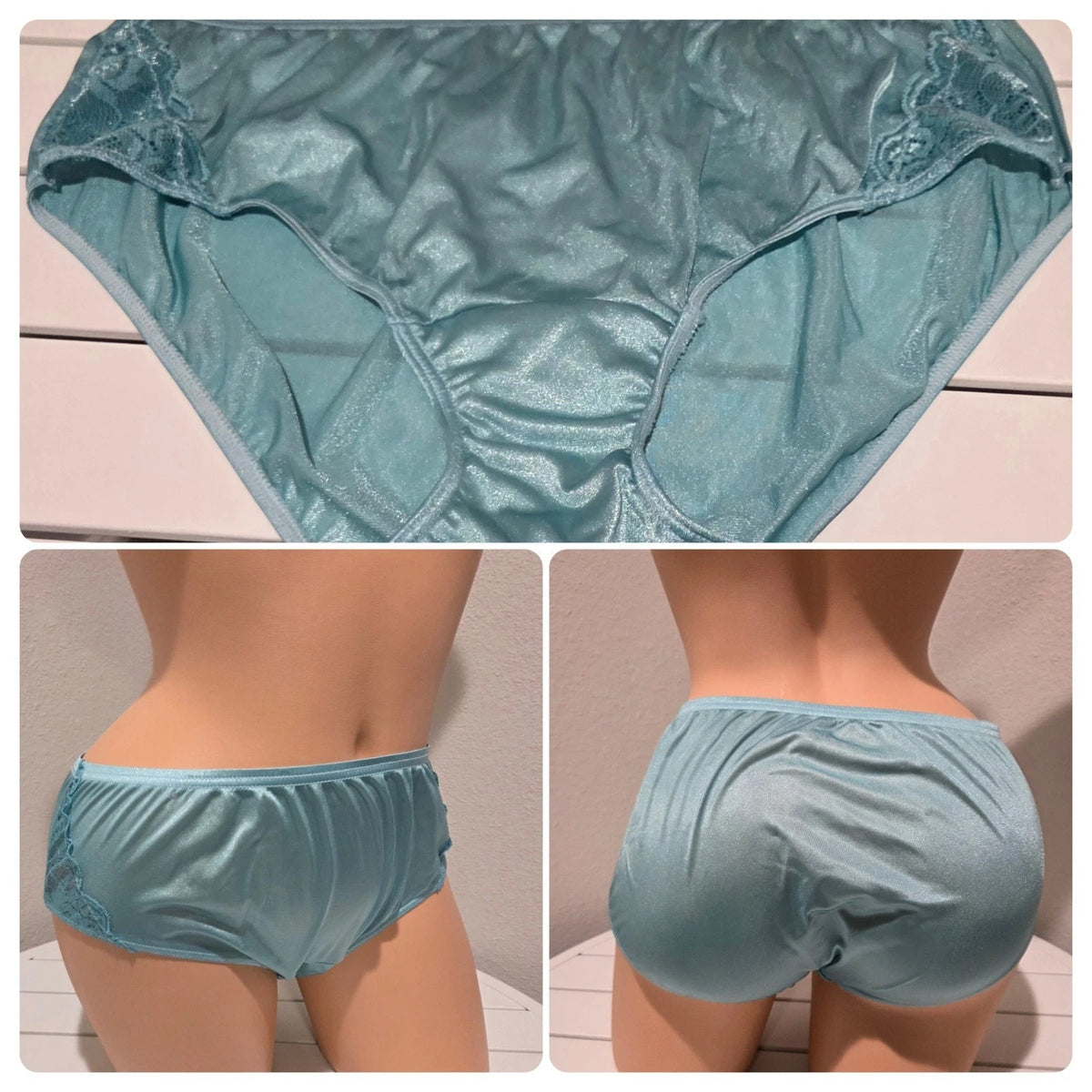 Shadowline 11182 Lace Insets Bikini Panty Shiny Nylon Herbal Sky Blue 7/L