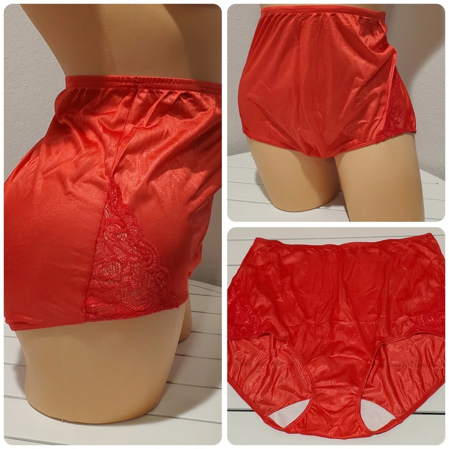Shadowline 17082 Full Cut Brief Shiny Nylon Lace Full Coverage Panty Red
