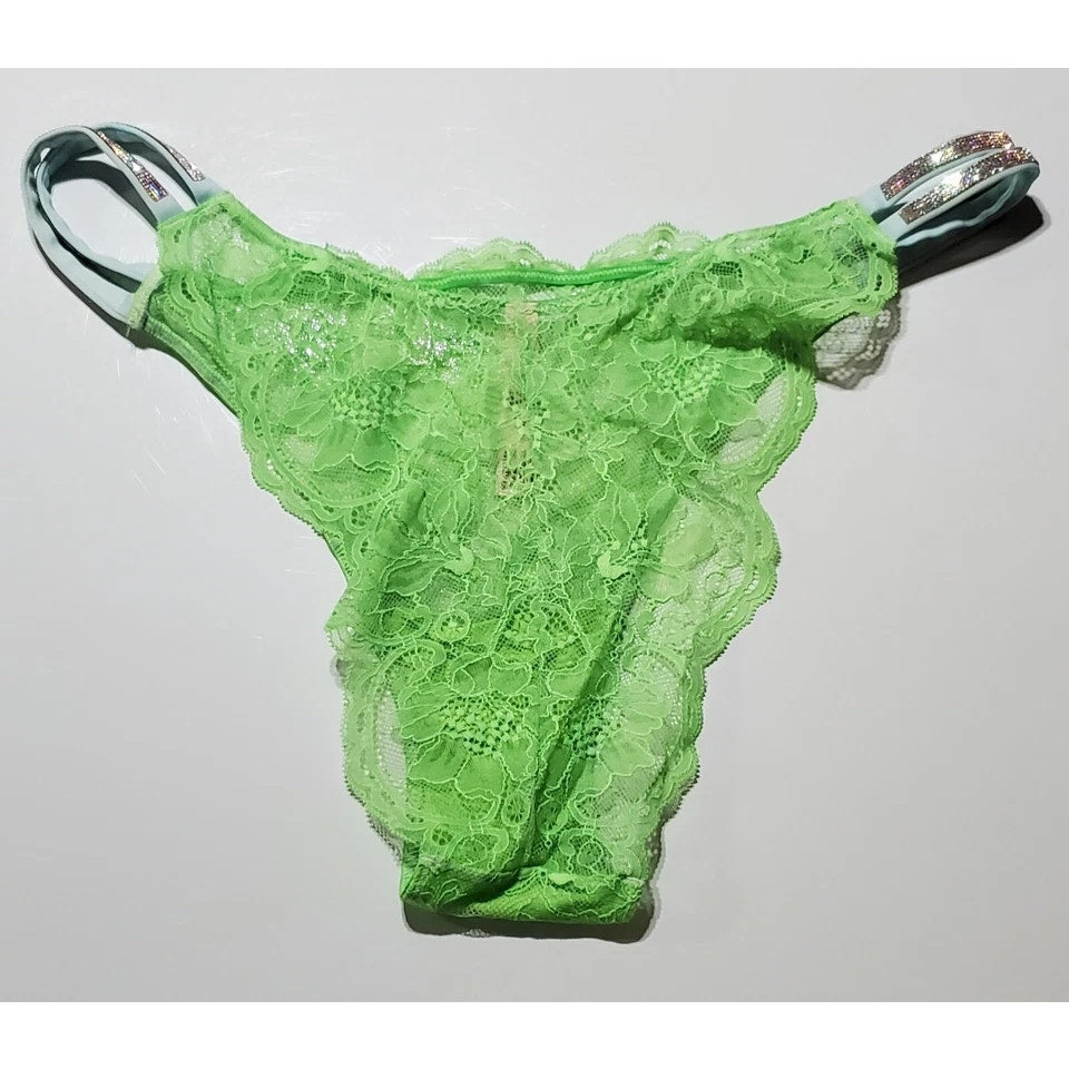Victoria's Secret Double Shine Strap Brazilian Panty Sheer All Lace Green Citron