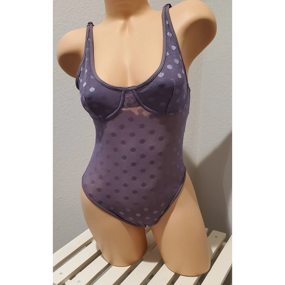 Victoria's Secret PINK Bodysuit Lingerie Polka Dot Snap Gusset Plum Purple 6/M