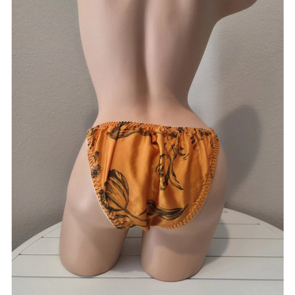 Liquid Satin String Bikini Panty Shiny Double Silk Solar Orange Floral Print