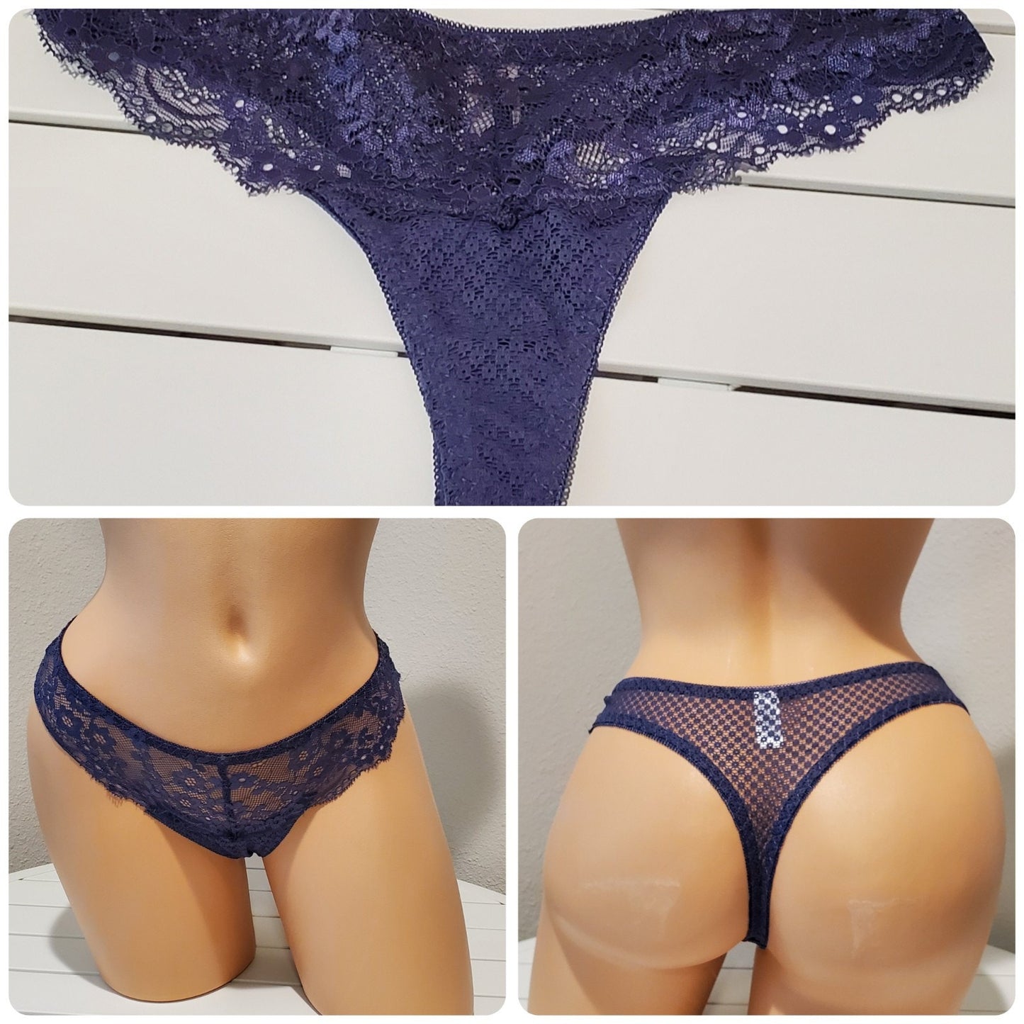 Mamia LP9058LT Satin Stretch Floral Lace Thong Panty Semi Sheer Deep Purple 6/M