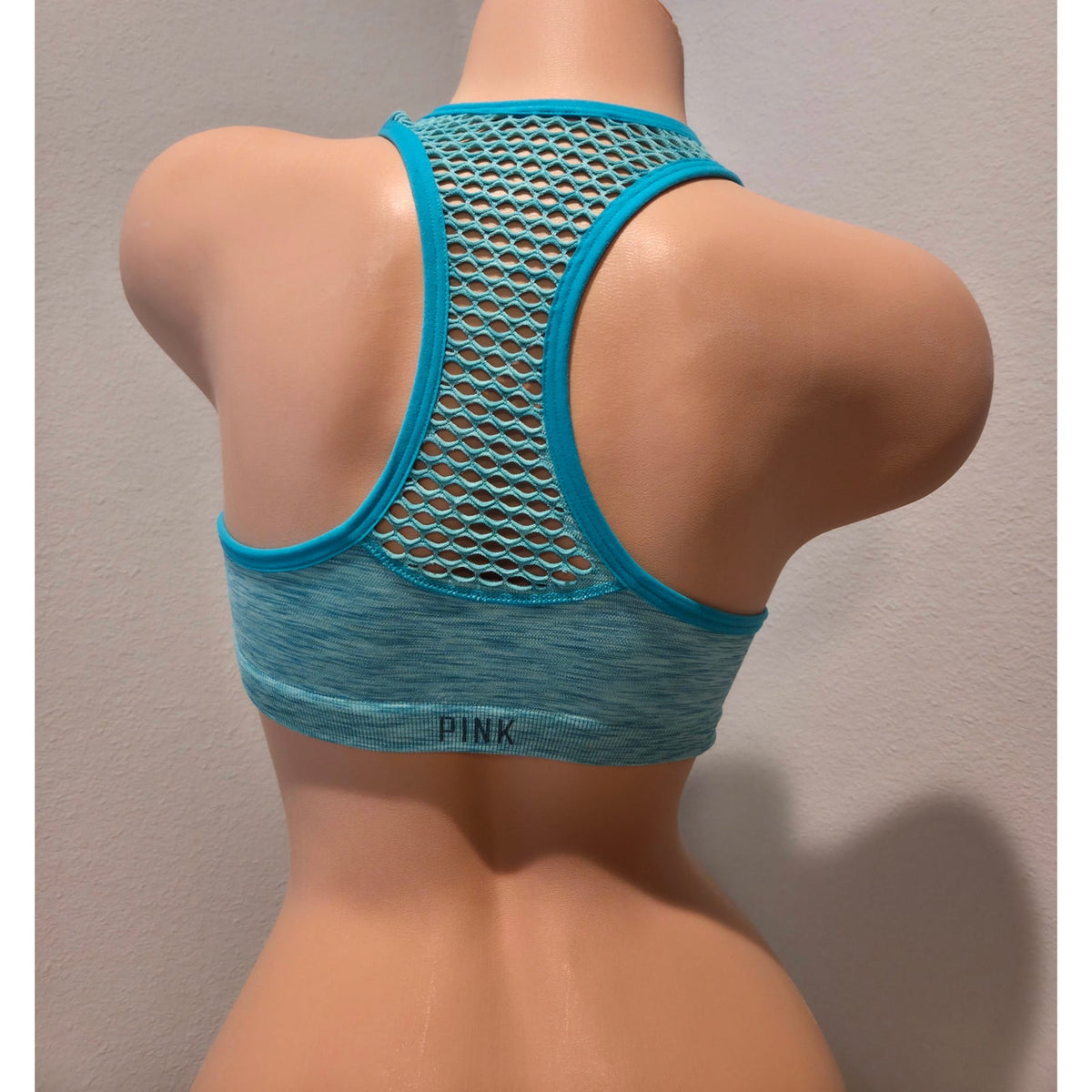 PINK Victoria's Secret Sports Bra Teal Blue Racerback Padded Perforated Mesh M