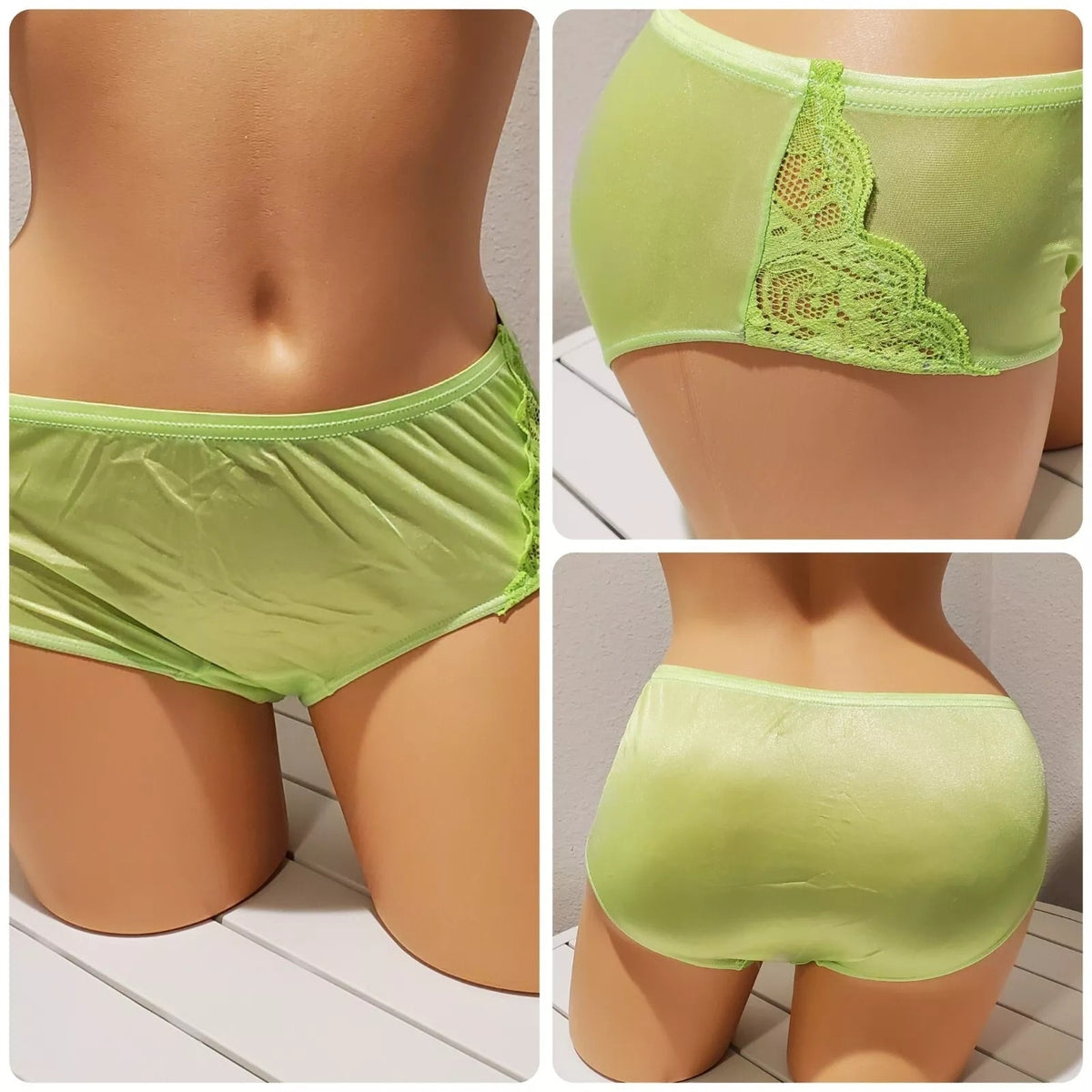 Shadowline 11182 Lace Insets Bikini Panty Shiny Nylon Full Cut Harlequin Green