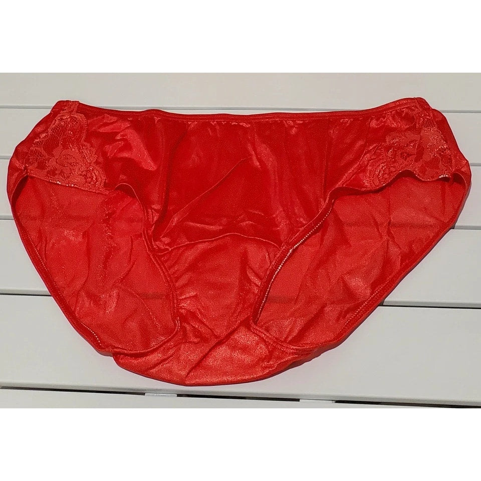Shadowline 11182 Lace Insets Bikini Panty Shiny Nylon Full Cut Silky Red