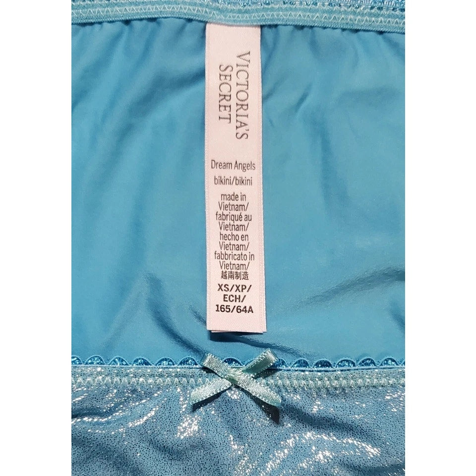 Victoria's Secret Dream Angels String Bikini Panty Shiny Lace Trim Baby Blue 4XS