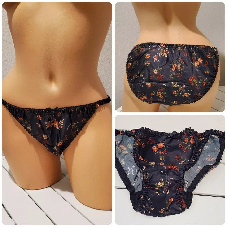 Liquid Satin String Bikini Panty Double Silk Gusset Black Little Floral Print 6
