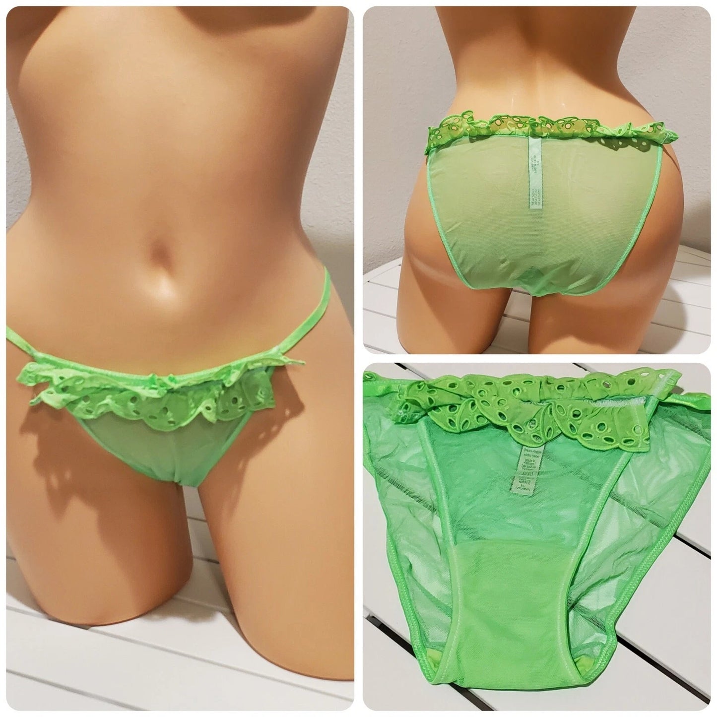 Victoria's Secret Dream Angels String Bikini Panty Semi Sheer Ruffle Trim Green Citron