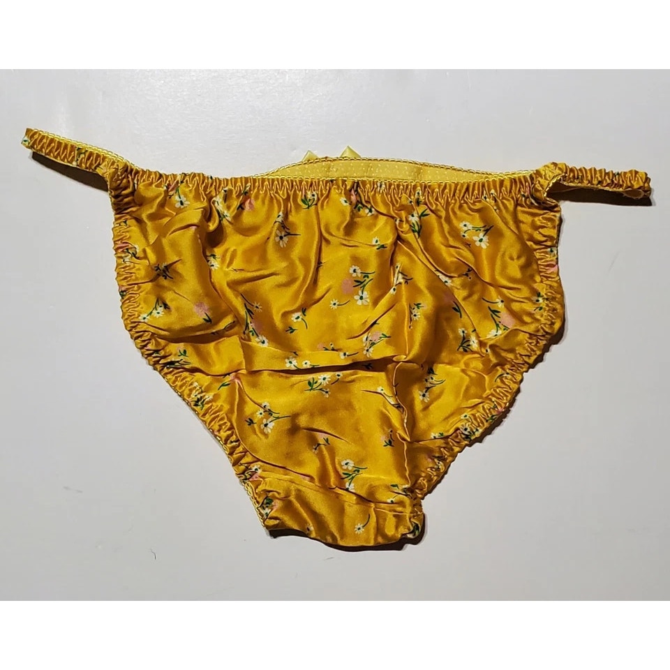 Liquid Satin String Bikini Panty Shiny Double Silk Yellow Little Floral Print