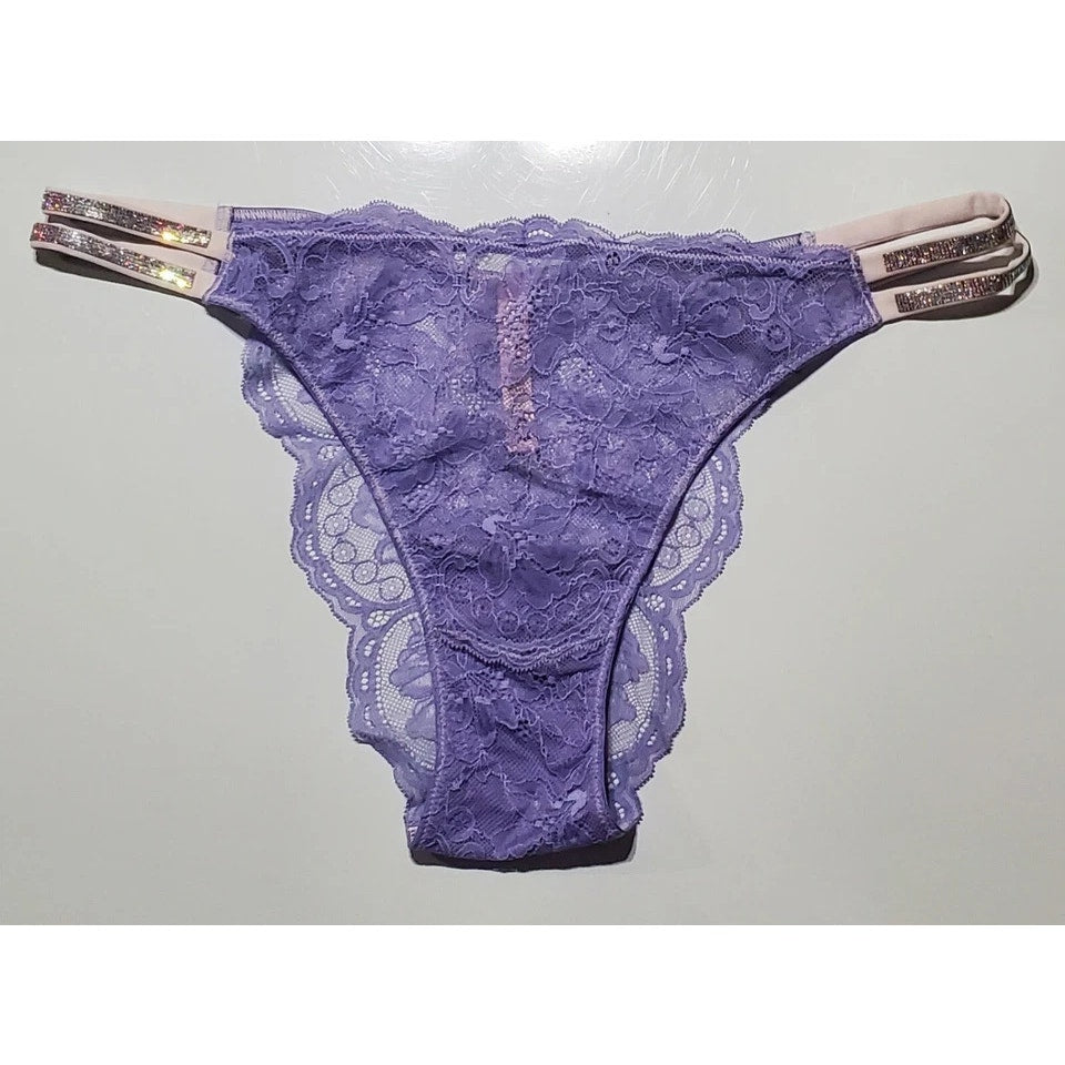 Victoria's Secret Double Shine Strap Brazilian Panty All Lace Purple Freeze 9
