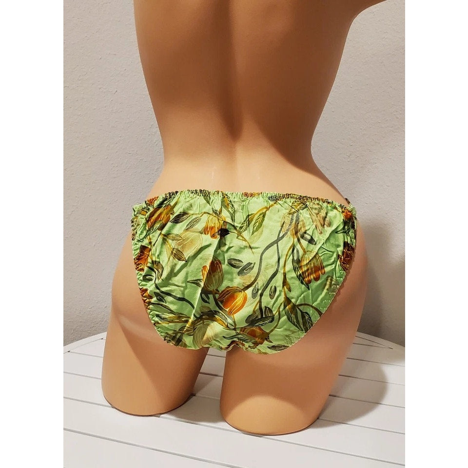 Liquid Satin String Bikini Panty Double Silk Gusset Floral Print Green Apple 7/L