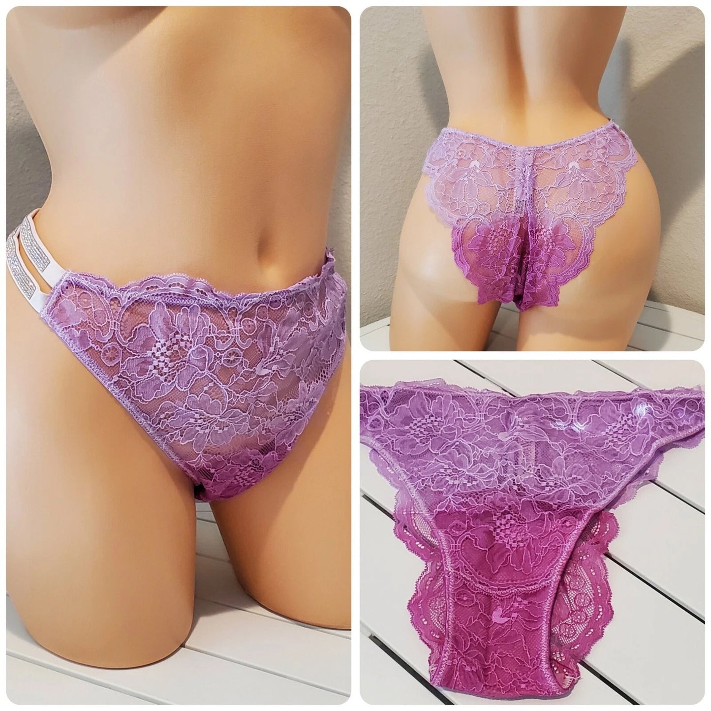 Victoria's Secret Double Shine Strap Brazilian Panty All Lace Ombre Purple Jam 9