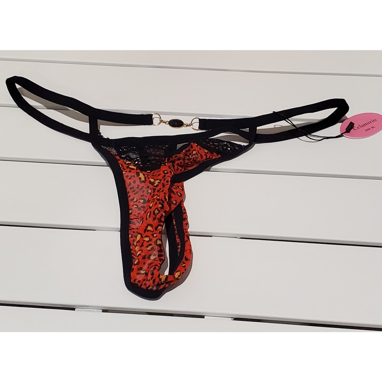 Celamirio Sheer G-String Thong Unlined Gusset Red Leopard Print XL/8